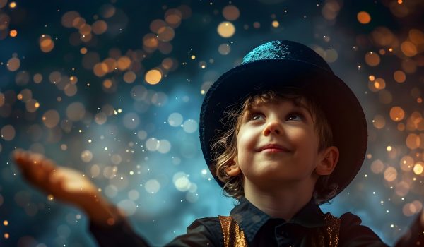 A young,wide-eyed boy is seen performing magic tricks,his face filled with a sense of wonder and excitement as he captivates the unseen audience The image conveys a feeling of pure